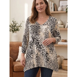 Chico’s Mixed Animal Print Top Size 3 - US XL 16 Black White 3/4 Sleeve Stretch
